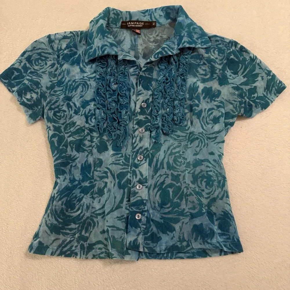 Vtg 90s Y2K Rampage Sheer Velvet Burnout Top Sz M Aqua Floral Ruffle Collar Mesh - Picture 2 of 14